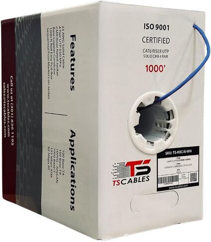 TSCables | CAT6 Riser (CMR) كابل الإيثرنت السائبة 1000 قدم ، 23AWG النحاس العاري الصلبة ، 550 ميجا هرتز ، Poe ++ (4PPOE) ، كابل شبكة عالية الأداء ، زوج ملتوي غير محمي (UTP) (الأزرق ، 1000 قدم) in Kuwait