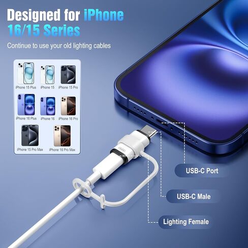Timovo for Lightning to USB C Adapter ، 2 Pack USB C Male لإضاءة ADAPTRER الإناث مع 36 واط شحن سريع ومزامنة البيانات لجهاز iPhone 15/16 Pro/Pro Max/Plus ، Galaxy S24/23 ، iPad ، وليس للصوت/OTG ، أبيض ، أبيض in Kuwait