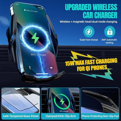 شاحن السيارات اللاسلكي ، MAX 15W MAX FAST AUTO AUTO CLAMPING ، MONSESS SESSESS MOUND MOUNT ، مناسب لـ iPhone 16 15 14 13 12 Pro Max XS X ، Samsung Galaxy S24 Ultra S23 S22 S21 S20 S20 Note20 (2-Black) in Kuwait