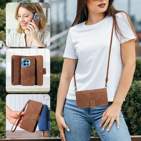حالة هاتف ASUWISH لـ OnePlus 12R 5G/ACE 3 2024 محفظة سستة غطاء مغناطيسي قابلة للفصل مع حامي الشاشة الزجاجية المتقلب Crossbody Lanyard Card Card One+ 12 R R12 ACE3 Girls Brown in Kuwait