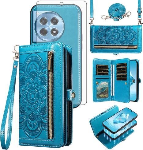Asuwish Phone Case for OnePlus 12R 5G/Ace 3 2024 Zipper Wallet Magnetic Detachable Cell Cover with Tempered Glass Screen Protector Crossbody Strap Flower Card Holder Slot One+ 12 R R12 Ace3 Women Blue in Saudi Arabia
