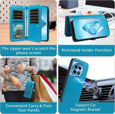Asuwish Phone Case for OnePlus 12R 5G/Ace 3 2024 Zipper Wallet Magnetic Detachable Cell Cover with Tempered Glass Screen Protector Crossbody Strap Flower Card Holder Slot One+ 12 R R12 Ace3 Women Blue in Saudi Arabia