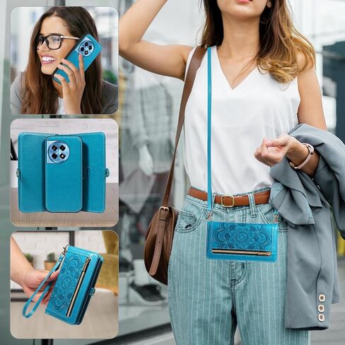 Asuwish Phone Case for OnePlus 12R 5G/Ace 3 2024 Zipper Wallet Magnetic Detachable Cell Cover with Tempered Glass Screen Protector Crossbody Strap Flower Card Holder Slot One+ 12 R R12 Ace3 Women Blue in Saudi Arabia
