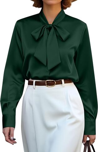 CBOO Women's Bow Tie Neck Button Down Shirts Silk Blouses Long Sleeve Elegant Satin Blouse Casual Dressy Business Tops in Kuwait