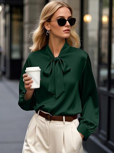 CBOO Women's Bow Tie Neck Button Down Shirts Silk Blouses Long Sleeve Elegant Satin Blouse Casual Dressy Business Tops in Kuwait