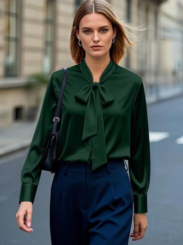 CBOO Women's Bow Tie Neck Button Down Shirts Silk Blouses Long Sleeve Elegant Satin Blouse Casual Dressy Business Tops in Kuwait
