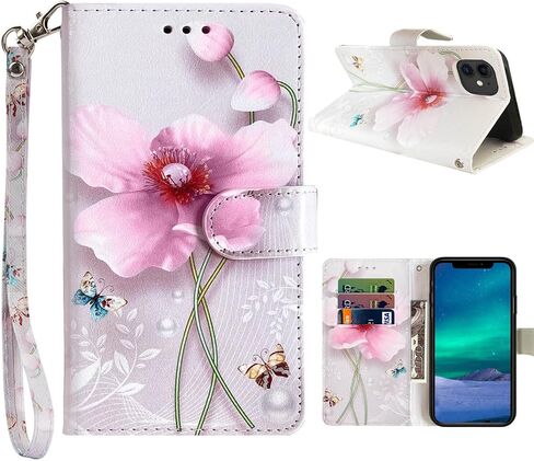 JanCalm for iPhone 12 Wallet Case/for iPhone 12 Pro Wallet Case, Floral Pattern PU Leather [Wrist Strap][Card/Cash Slots] Stand Feature Flip Cover (Pearl Flower) in Saudi Arabia