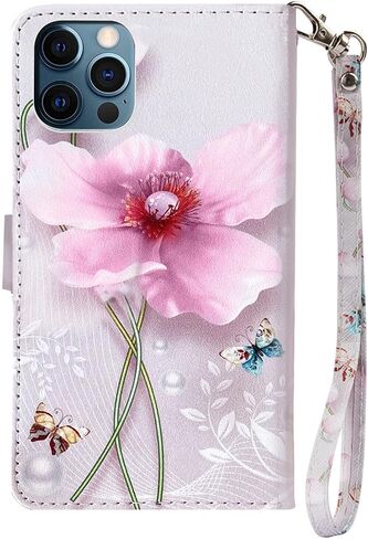JanCalm for iPhone 12 Wallet Case/for iPhone 12 Pro Wallet Case, Floral Pattern PU Leather [Wrist Strap][Card/Cash Slots] Stand Feature Flip Cover (Pearl Flower) in Saudi Arabia