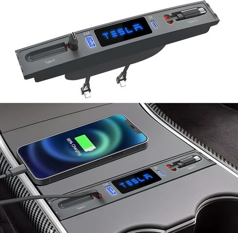 Qoope 2 Type-C Tesla USB Hub for Tesla Model 3 Model Y Accessories 2024 2023 2022 2021 Tesla Car USB Charger Multi Port with Fast Charger Retractable Cable Docking Station (Not Fit Model 3 2024) in Kuwait