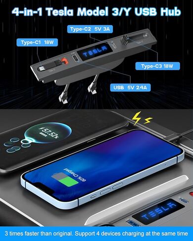 Qoope 2 Type-C Tesla USB Hub for Tesla Model 3 Model Y Accessories 2024 2023 2022 2021 Tesla Car USB Charger Multi Port with Fast Charger Retractable Cable Docking Station (Not Fit Model 3 2024) in Kuwait