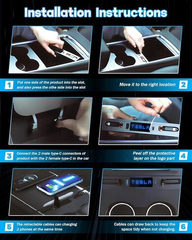 Qoope 2 Type-C Tesla USB Hub for Tesla Model 3 Model Y Accessories 2024 2023 2022 2021 Tesla Car USB Charger Multi Port with Fast Charger Retractable Cable Docking Station (Not Fit Model 3 2024) in Kuwait