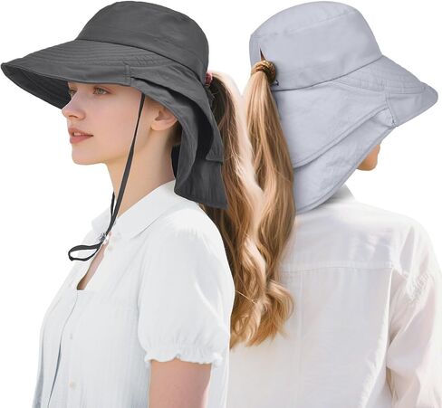 2 Pack Womens Outdoor Ponytail Sun Hat with Neck Flap,UPF 50 UV Protection Wide Brim Summer Fishing Hat for Beach Hiking in Saudi Arabia