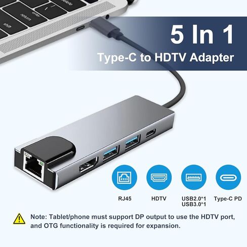 5-in-1 Type-C Hub Docking Station, Type C to HDTV Adapter, RJ45 Ethernet, 4K HDTV, PD100W, USB 3.0, USB2.0 Compatible with Type C Devices with DP Alt Mode, Multi-Port Adapter in Saudi Arabia