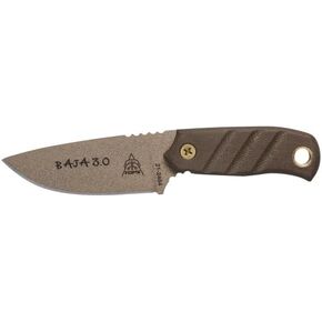 TOPS Knives Baja 3.0 Full Tang Fixed Blade-Coyote Tan Coating Blade Finish- Brown Leather Sheath w/Belt Loop (Green Canvas Micarta Handle)