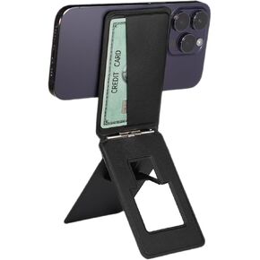 Magnetic Wallet Phone Stand, 3-in-1 Card Holder with Phone Tripod & Selfie Stick, MagSafe Compatible for i-Series 16/15/14/13, Metal Ring for Android Universal Fit, Premium PU Leather, Black