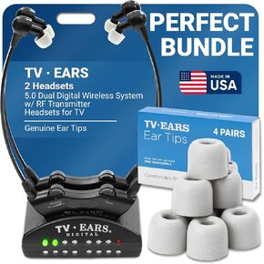 TV · EARS 5.0 Dual Digital Wireless Headset System & Earbud Tips for TV Watching - Includes 2 Headsets & RF Transmitter Compatible with Most TV Brands