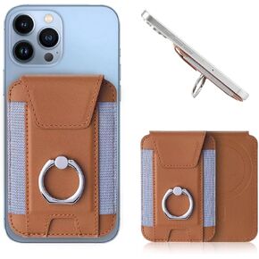 for MagSafe Wallet, Learther Magnetic Phone Stand for iPhone16/15/14/13/12 with Six Cards Holder, Magnetic Privacy Flap with Ring Stand and Elastic Slots Light Brown