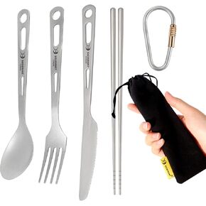 Titanium Cutlery Set with Chopsticks for Outdoor Camping & Hiking with A Bag