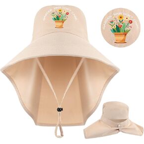 Garden Hair Don't Care Hats for Women Sun Protection Wide Brim Cooling Adjustable Washable Cotton Embroidered Hat with Neck Flap for Gardening, Beach, Fishing, Hiking, Outdoors Beige