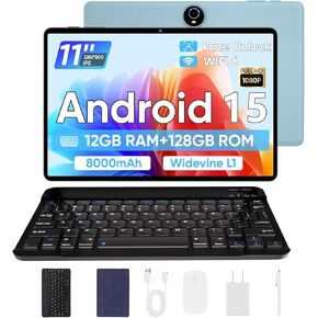 2025 Android 15 Tablet 11inch, 12GB+128GB+512GB, Support Face Unlock,18W Fast Charging with 8000mAh Large Battery,Dual WiFi6, Dual Camera,Octa-Core CPU, Bluetooth,HD Touchscreen Display