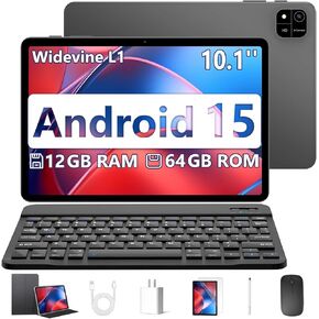 10 inch Android 15 Tablet, 12GB RAM 64GB ROM 2TB Expand, 2in 1 Tablets with Keyboard, Case, Mouse, Stylus,1280x800 IPSTouch Screen, Octa-Core Processor, WiFi, BT5.0. Dual Camera (Blue with Keyboard)