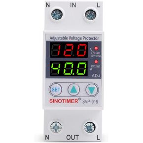 SVP916 SINOTIMER Dual LED Display 120VAC 80A Adjustable Voltage Surge Protector Relay with Limit Current Protection, Din Rail Installation in DB Home Usage (Green Display)
