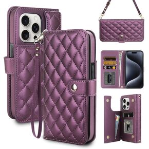 Vofolen for iPhone 15 Pro Case Wallet with Card Holder Crossbody Wrist Strap Leather Case with Magnetic Clasp Kickstand Heavy Duty Protective Wallet Phone Case for iPhone 15 Pro for Women, Black