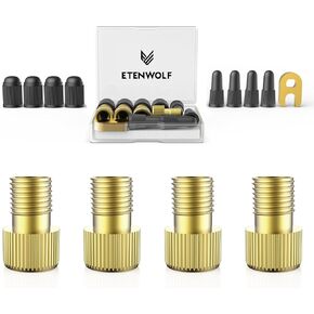 Etenwolf Brass Presta Valve Adapter 4 Pack ، تحويل Presta إلى محول صمام Schrader ، وتضخم سهل مع مضخة قياسية أو ضاغط الهواء ، ويشمل 8 أغطية صمام