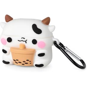 for AirPods 4 Case, Cute Boba Tea Cow AirPods 4th Generation (2024) Case Funny 3D Cartoon Animal Heavy Duty Protection PVC Charging Cover with Carabiner for Kids Girls Women