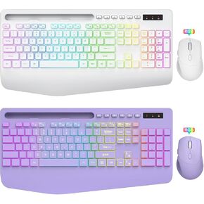 SABLUTE Wireless Keyboard and Mouse Combo, 9 Backlit Effects, Wrist Rest, Phone Holder, 2.4G Lag-Free Ergonomic Keyboards, Rechargeable Silent Cordless Set for Computer, Laptop (Purple & White)