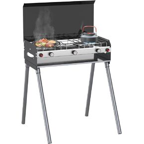 Camplux Propane Camping Stove 2 Burners & 1 Grill, Portable Outdoor Gas Stove, Auto-Ignition Camping Stove with Regulator, Total Power at 15,000 BTU