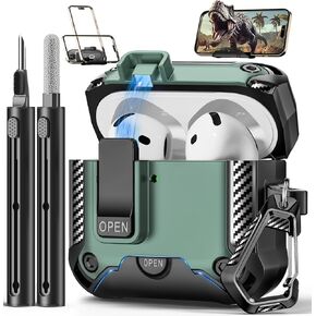 Compatible with AirPods 4th Gen Case with Phone Stand,Full Drop Protection Automatic Snap Switch and Lock Design with Cleaner Kit for Airpods 4 with Active Noise Cancellation Charging(2024)