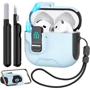 for AirPods 4 Case with Secure Lock,Compatible with AirPods 4th Generation Case 2024,Automatic Magnetic Lock with Phone Holder Function,Shockproof Hard Protective Cover & Cleaner Kit-Black