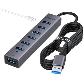 8 in 1 Aluminum USB Multiport Hub with 7 USB 3.0 Data Ports Up to 5Gbps, USB 3.0 Splitter with Type-C 5V/3A Power Port, 47IN/120CM Long Cable Multiport Adapter for Laptop, iMac, PC, Flash Drives