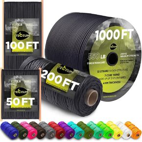 TECEUM Paracord Type III 550 Basalt – 50 ft – 4mm – Tactical Rope MIL-SPEC – Outdoor para Cord –Camping Hiking Fishing Gear and Equipment – EDC Parachute Cord – Strong Survival Rope 409 n1