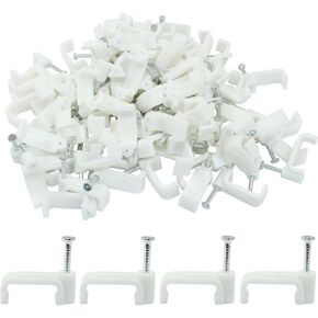 200Pcs Flat Cable Wire Clips, 14mm White Wire Clips for Cable Staples Cord Holder Wire Management