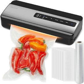 Vacuum Sealer Machine, Compact Vacuum Sealer for Food, Preservation Dry/Moist/Liquid Modes, Built-in Cutter and Bag Storage, Removable Drip Tray, Bag Roll & 10 Pre-cut Bags, Silver