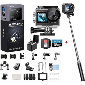 AKASO Brave 4 Pro 4K30 Action Camera with 256GB MicroSD U3 Card with 2x1350mAh Batteries and Helmet Accessories Kit and 60cm Selfie Stick Tripod Stand Bundle