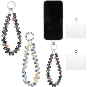 Lusofie 2 Pcs Beaded Phone Wrist Strap with Phone Patches Crystal Phone Chain Wristlet Beaded Sparkling Cellphone Lanyard Chain for Women