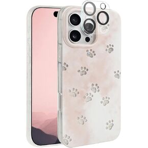 for iPhone 16 Case, Adorable Simple Shining Cat Paw Pattern Design Flexible TPU and Protective Phone Case for Women Girls + Camera Lens Protector