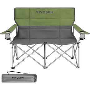 VIVOSUN Double Camping Chair, Fully Padded Folding Loveseat, Portable Oversized Duo Chair with Storage Cup Holders, Height-Adjustable Armrests & Carry Bag, Supports up to 500lbs, Green & Grey