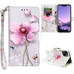 JanCalm for iPhone 13 Wallet Case,for iPhone 14 Wallet Case,Floral Pattern PU Leather Cute Flip Cover Women Girl [Wrist Strap][Card Cash Slots][Kickstand] (Pearl Flower)