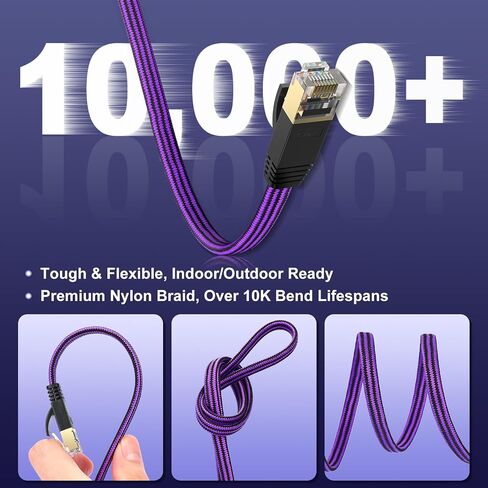 J&D Cat 7 Ethernet Cable, Nylon Braided Flat High Speed Internet LAN Cable, 10Gbps 600MHz Network Cable for Gaming PC, PS5, Xbox, Modem, Router, Low Latency Ethernet Cord, 100 Feet in Kuwait