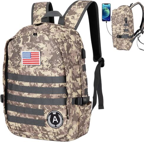 حقائب الظهر CAMO 35L على ظهر الظهر العسكري مع ميناء شحن USB ، رسالة خاصة K Logo Logo 17 بوصة تمويه الظهر للجيش للرجال التخييم المشي لمسافات طويلة in Kuwait