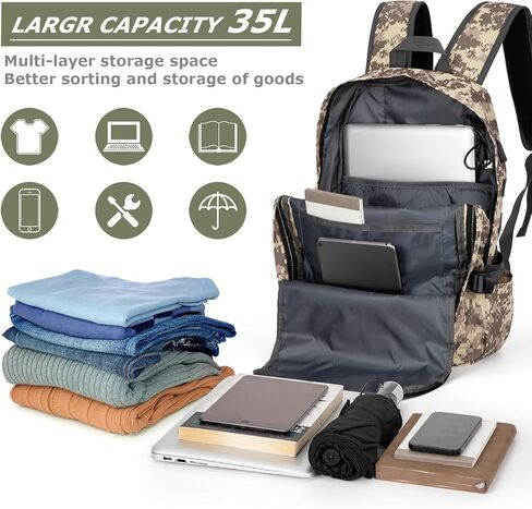 حقائب الظهر CAMO 35L على ظهر الظهر العسكري مع ميناء شحن USB ، رسالة خاصة K Logo Logo 17 بوصة تمويه الظهر للجيش للرجال التخييم المشي لمسافات طويلة in Kuwait