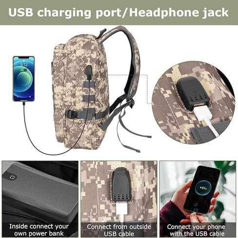 حقائب الظهر CAMO 35L على ظهر الظهر العسكري مع ميناء شحن USB ، رسالة خاصة K Logo Logo 17 بوصة تمويه الظهر للجيش للرجال التخييم المشي لمسافات طويلة in Kuwait