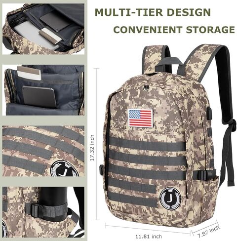 حقائب الظهر CAMO 35L على ظهر الظهر العسكري مع ميناء شحن USB ، رسالة خاصة K Logo Logo 17 بوصة تمويه الظهر للجيش للرجال التخييم المشي لمسافات طويلة in Kuwait
