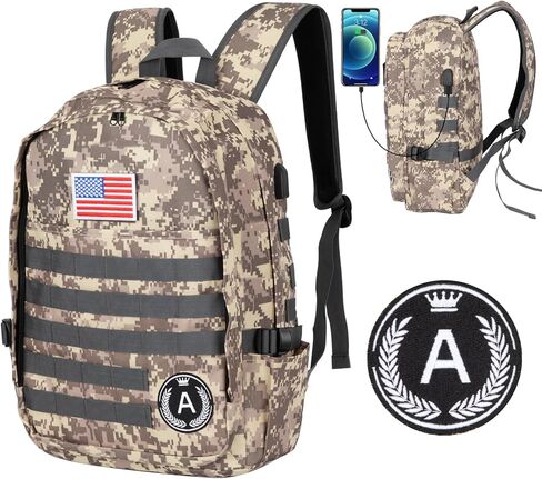 حقائب الظهر CAMO 35L على ظهر الظهر العسكري مع ميناء شحن USB ، رسالة خاصة K Logo Logo 17 بوصة تمويه الظهر للجيش للرجال التخييم المشي لمسافات طويلة in Kuwait