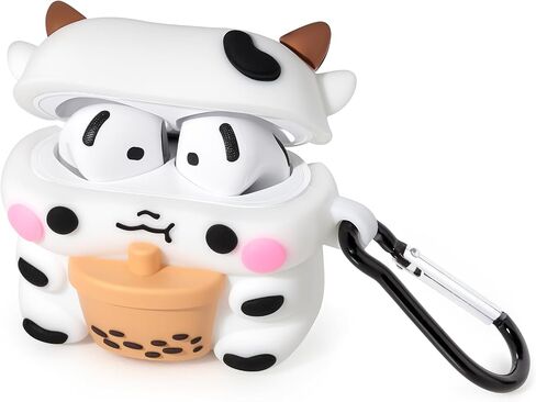 for AirPods 4 Case, Cute Boba Tea Cow AirPods 4th Generation (2024) Case Funny 3D Cartoon Animal Heavy Duty Protection PVC Charging Cover with Carabiner for Kids Girls Women in Kuwait