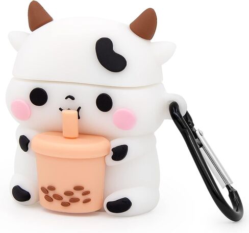 for AirPods 4 Case, Cute Boba Tea Cow AirPods 4th Generation (2024) Case Funny 3D Cartoon Animal Heavy Duty Protection PVC Charging Cover with Carabiner for Kids Girls Women in Kuwait